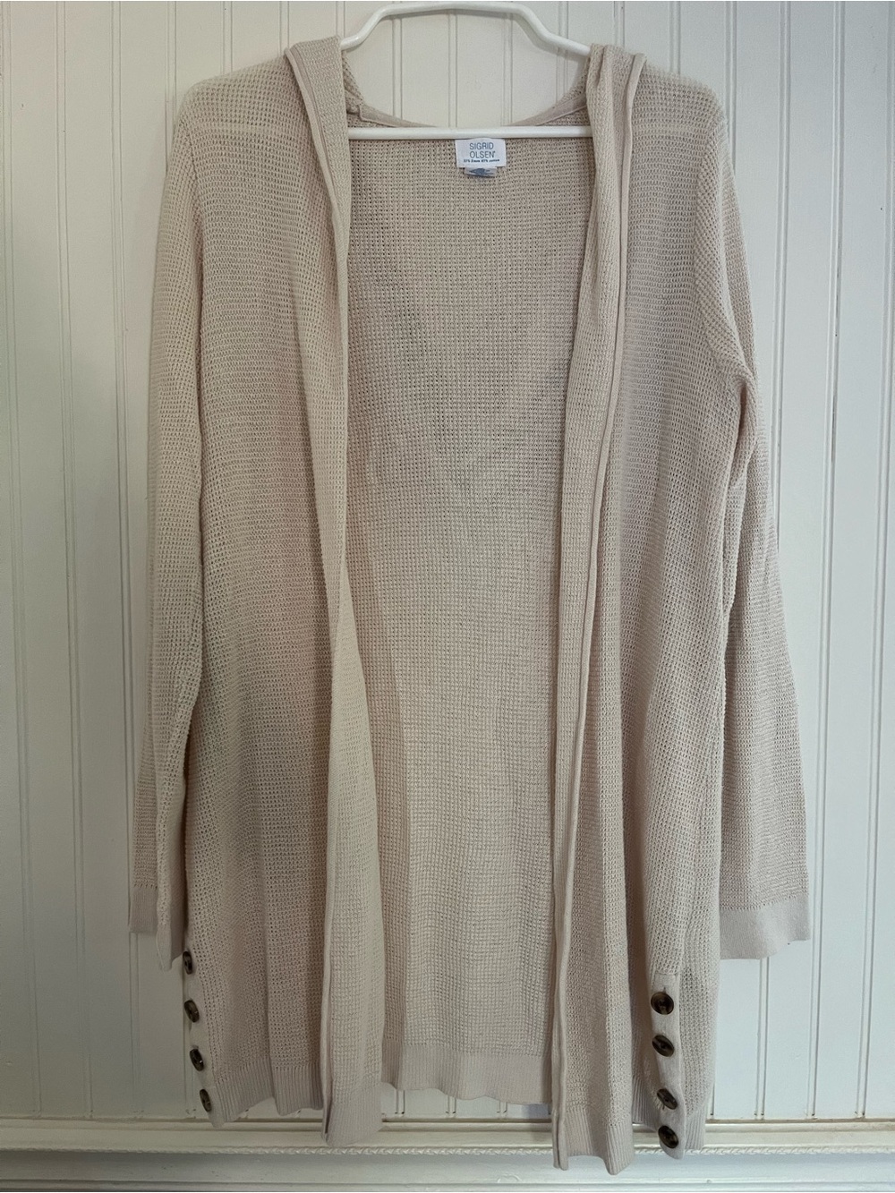 Sigrid Olsen Linen Cotton Hooded Cardigan Beige Open Front Lightweight Boho L